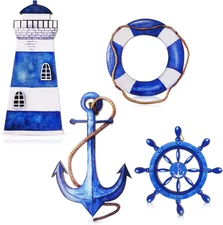 Yookeer 4 Pcs Beach Coastal Wall Decor Ocean Nautical Bathroom Decor Wood Lighth
