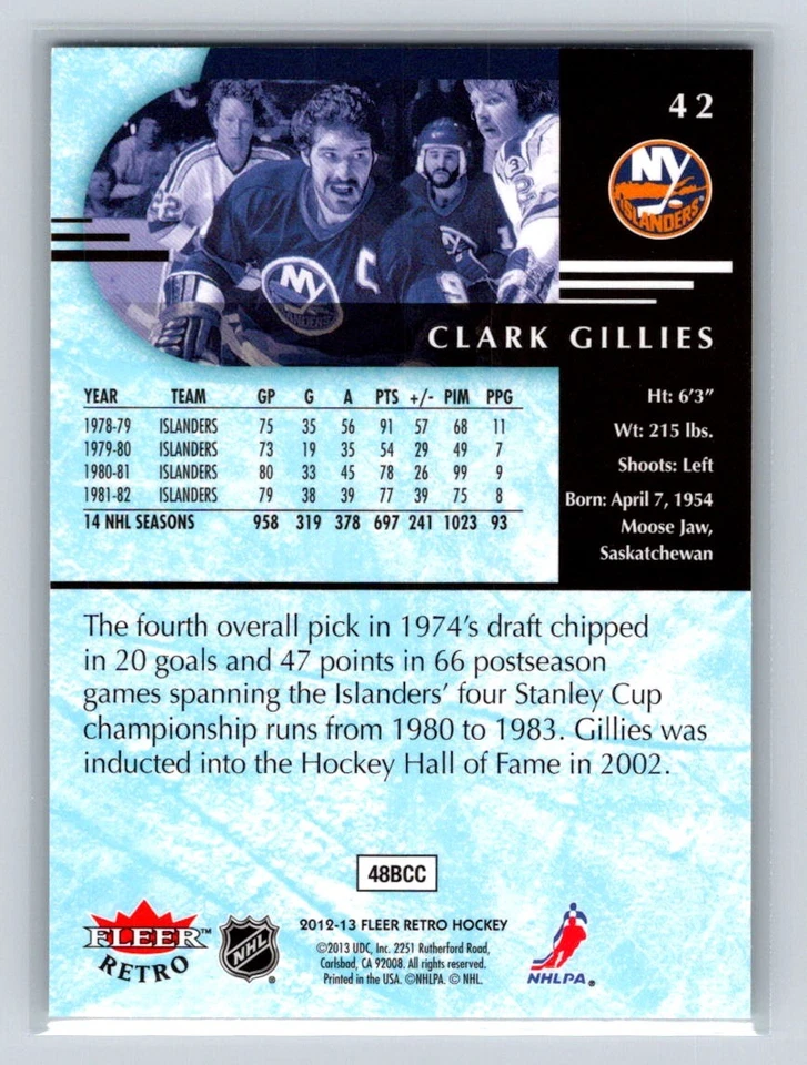 2012 Fleer Retro #42 Clark Gillies   New York Islanders - Image 2 of 2