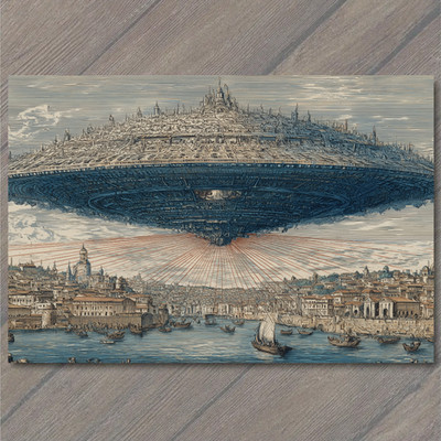 Art Print UFO Over Ancient Port City Red Energy Lines Bizarre Flying Saucer Map