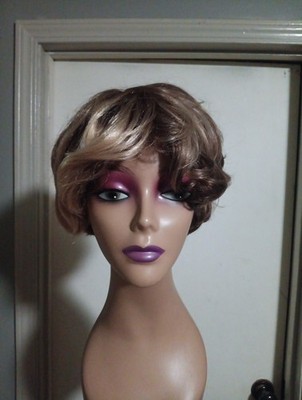 Honey Brown Synthetic Pixi Wig With Highlights
