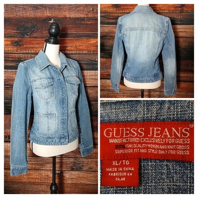 GUESS Vintage 90s Jean Jacket Snap Front Blue Denim 100% Cotton READ 
