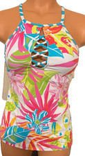Bleu Rod Beattie Size 6 Colorful Tropical Print Tankini Hi neck with weaving