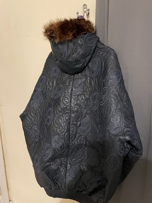 Gino Green Global Paisley Leather Bomber Jacket Fur Trim Hooded