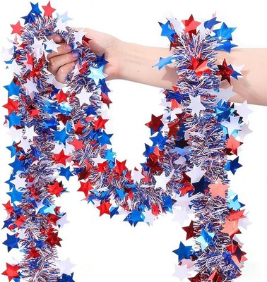 33Ft Patriotic Tinsel Garland Red White Blue Glitter Stars Fourth of July