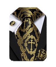 Mens Plaid Ties Classic Paisley Necktie with Handkerchief Black Borwn Paisley