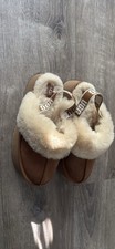 UGG Fluff Yeah Women  s Brown Suede Sheepskin Shearling Fur Trim Slipper 7