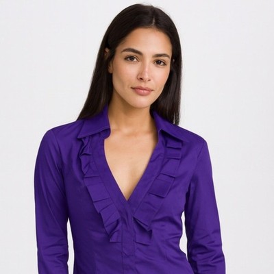 Express Design Studio Women s Blouse Ruffle V Neck Long SLV Side Zip Purple XS