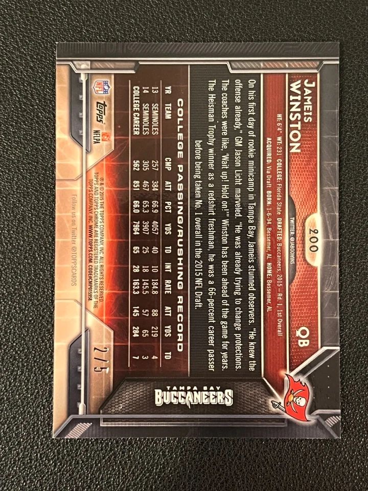 Jameis Winston 2015 Topps Chrome Rookie Mini Red Refractor 3/5 Buccaneers - Image 2 of 2