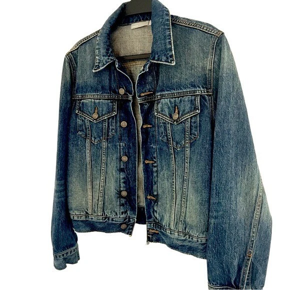 Vince 100% Cotton Dark Blue Jean Jacket Distressed Vintage Style Trucker M - Image 2 of 4