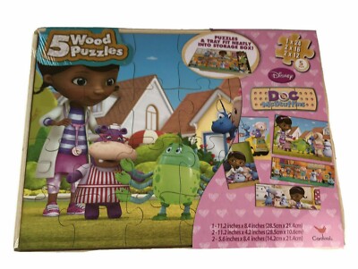 NEW ~ DISNEY JUNIOR ~ ''DOC McSTUFFINS'' ~ 5 WOOD PUZZLES & WOOD STORAGE BOX ~ 5+