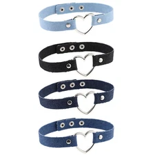 Women Fashion Punk Love Heart Denim Choker Adjustable Blue Jeans Collar Necklace