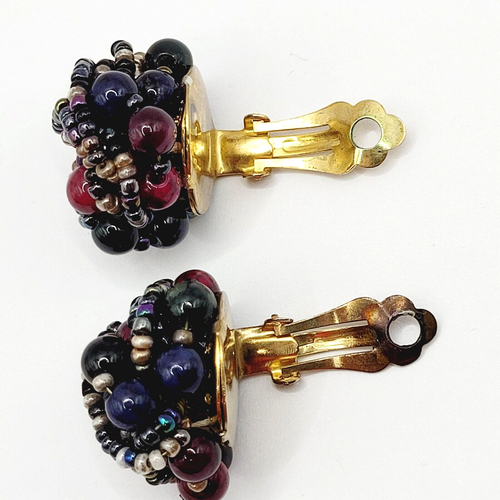 Iridescent Glass & Lucite Dark Bead Cluster Knot Twist Vintage Clip On Earrings - Picture 11 of 16