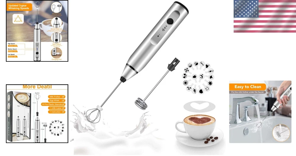 Milk Frother Handheld, Rechargeable Whisk Drink Mixer for Coffee with Art Ste...