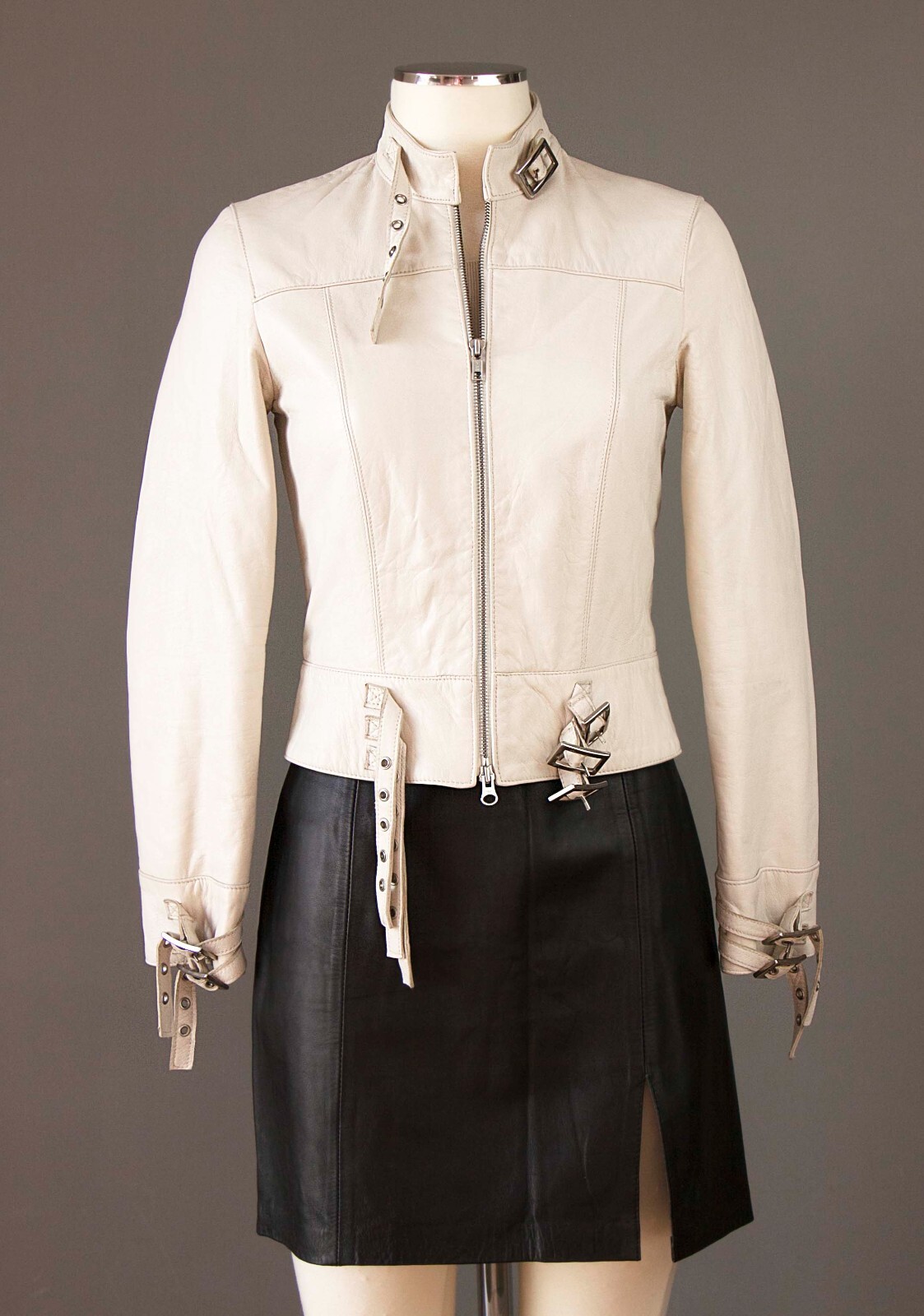 WAY Biker Giacca Vera Pelle Avorio Aderente Off White Jacket XXS XS Italy