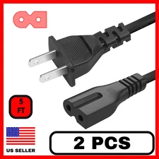 2 Pack 2 Prong Polarized TV Power Cord 5 FT US Plug AC Power Cord Cable 125v