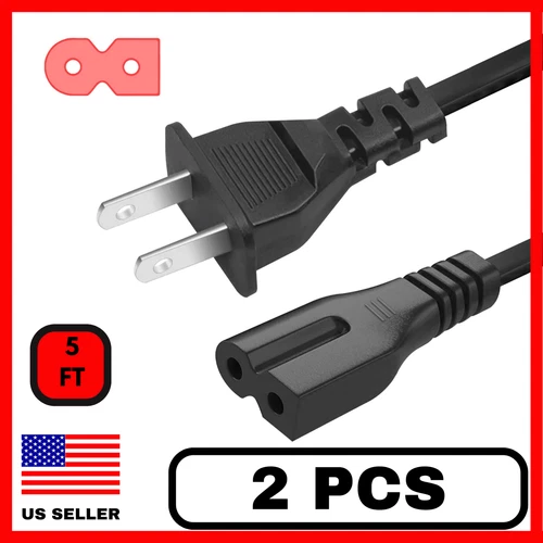 2 Pack 2 Prong Polarized TV Power Cord 5 FT US Plug AC Power Cord Cable 125v