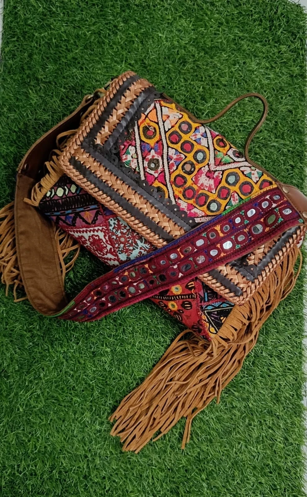 Ethnic boho bag banjara style clutch bag Hippie bag Handcrafted leather handle