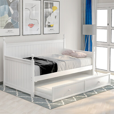 Twin Size Daybed Wooden Bed Frame Sofa Bed with Pull Out Trundle Bed White