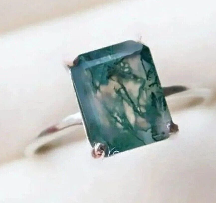 Natürlicher Moosachat Achteckschliff handgefertigter massiver Weißgold 10K pl... - Bild 2 von 4