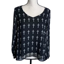 San Joy Shirt Womens Small S Black Sheer White Crosses Split Back Elastic Sleeve