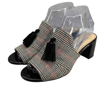 Karl Lagerfeld Paris Hettie 2 Mules Houndstooth Plaid Tassel Block Heel 7M 37.5M