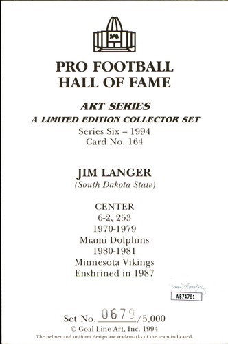 Jim Langer HOF Autographed/Inscr Goal Line Art GLAC Postcard Miami Dolphins JSA - Picture 2 of 2