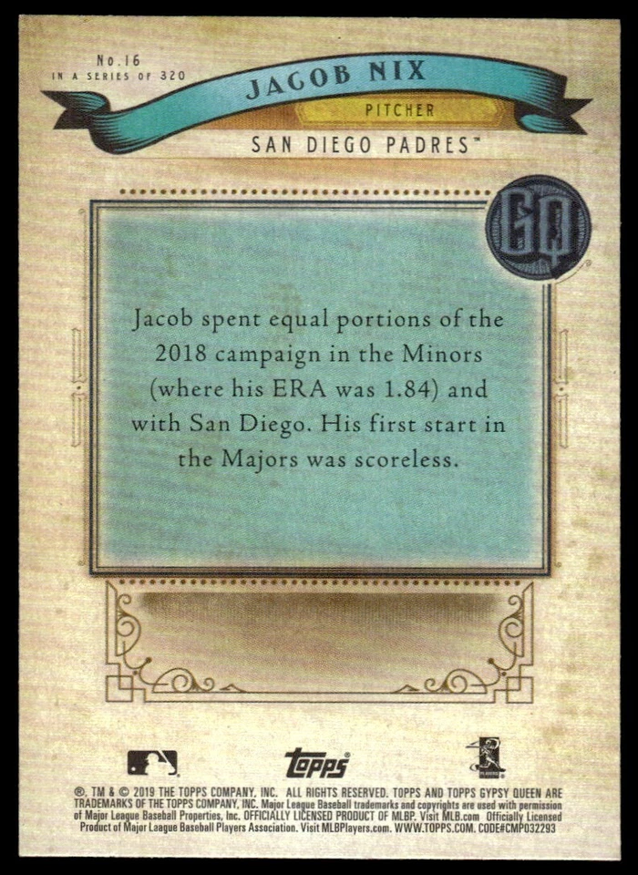 2019 TOPPS GYPSY QUEEN ROOKIE Jacob Nix San Diego Padres #16 R20 - Image 2 of 2