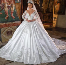 Vintage Satin Ball Gown Wedding Dresses with Long Sleeve Appliques Bridal Gowns