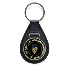 US Army 13th Airborne Division Veteran Black Leather Keychain Silver Keyring