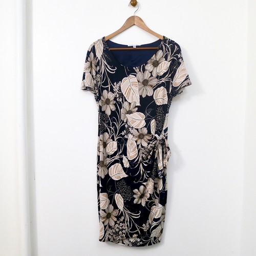Tropical Sheath Wrap Dress Short Sleeve Above Knee Black Floral Size Large