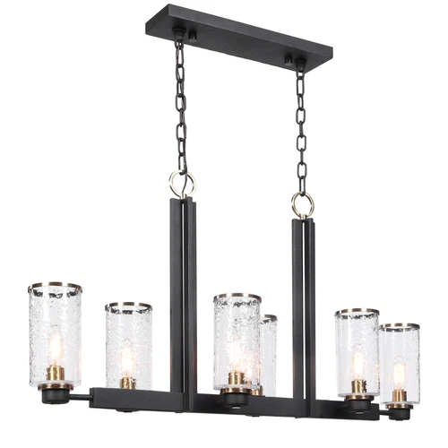 Modern Industrial Black I Beam Kitchen Island 6 Light | Pendant Glass Hurricane - Picture 6 of 9