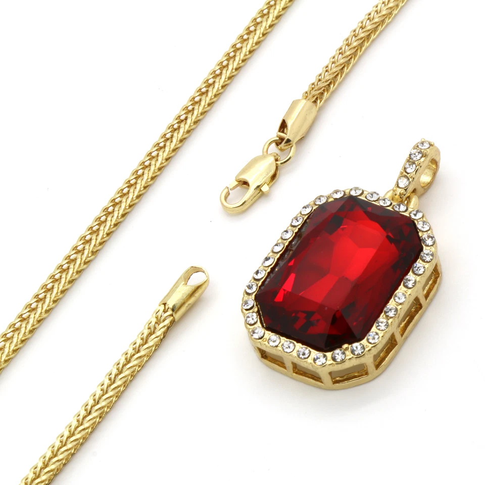 Cadena cubana enchapada en oro de 14k para hombre cara de león ojos rojos y circonitas rojas Foto 4 de 4