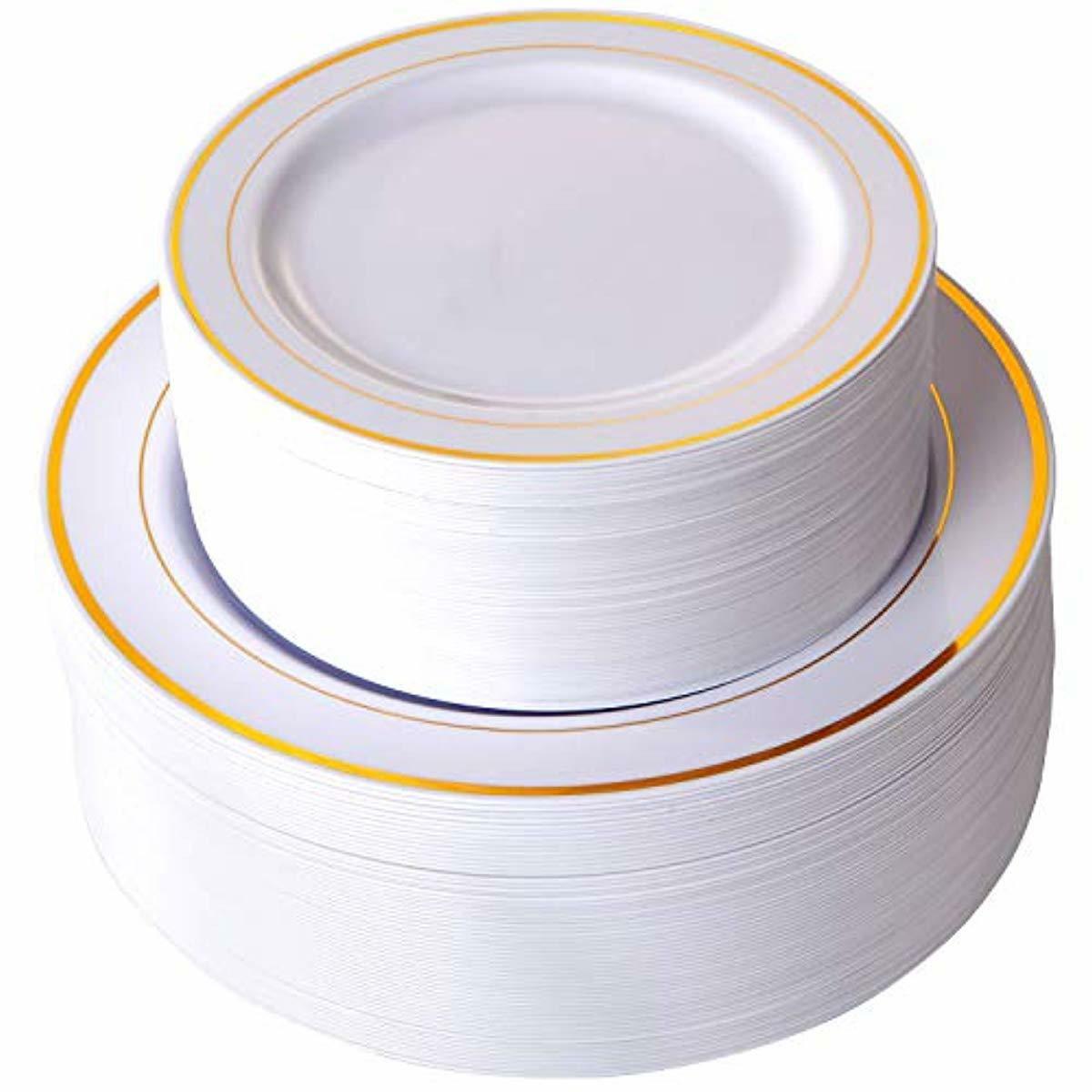 Gold/White Plastic Plates Premium Heavyweight 51 Dinner 51 Salad