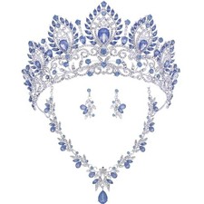 Rhinestone Tiaras and Crowns with Matching Necklace and Earrings Set Opal Blue