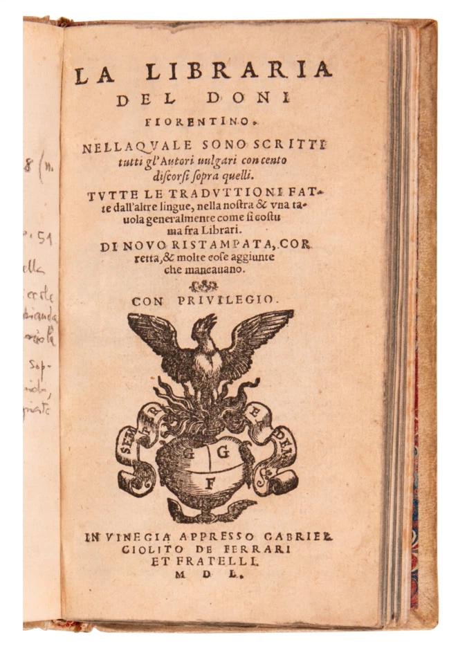 1550 Doni La Libraria Giolito reset – 1st It. bibl. – Venice ex Brooker Sothebys - Image 3 of 4
