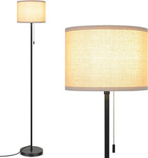 Modern LED Floor Lamp with Linen Shade Pull Chain Standing Lamp for Living Room