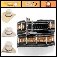 Adjustable Western Hat Band - Black Brown Faux Leather, Silver Conchos, Studs