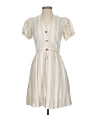 Ann Taylor Loft Striped Linen Dress Cream Beige Puff Sleeve Ruffle Women’s Sz 4