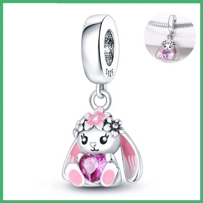 BUNNY RABBIT PINK CZ HEART STERLING SILVER BRACELET CHARM BEAD PENDANT & POUCH