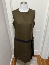 Vtg Valentino Wool Dress Olive Green Cutwork Embroidery Fringe Sash