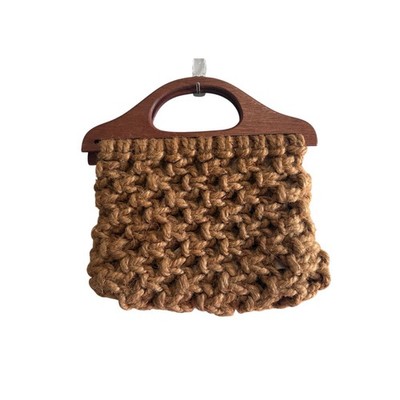 Vintage Handmade Jute Macrame Purse Wood Frame Handle Boho Hippie Clutch Bag