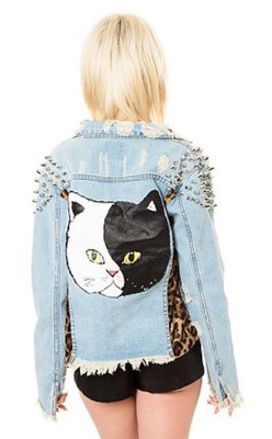 UNIF Punk Ying Yang Kitty Cat Denim Studded Distressed Jacket XS Rare