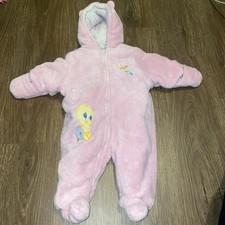 Vtg Baby Girls Pink Looney Tunes Tweety Bird Fleece Hooded Snowsuit 6 9 Months