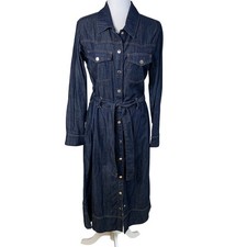 Just Denim Blue Dark Wash Button Up Belted Midi Dress Long Sleeve Size S