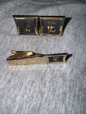 Vintage Hicock Initial Monogram  E  Tie Tack And Cuff Links Set Goldtone 
