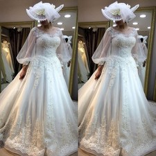Vintage Wedding Dresses Scoop Neck Lace Beading Sweep Train Bridal Gowns