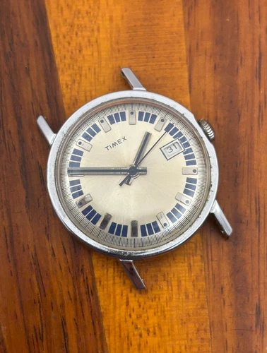 Vintage Timex Mercury Watch Men 1975 Blue Dial Chapter Ring Rare 33mm For Repair