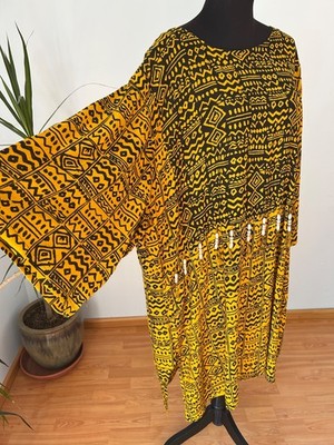 Vtg NUBIAN QUEEN African BATIK Dress Yellow Black TRIBAL Ethnic Rayon L XL 1X 2X