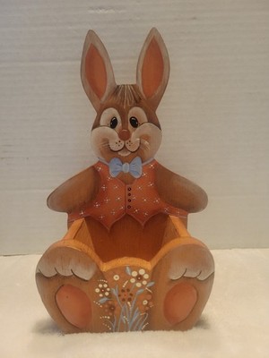 Vintage Hand Painted Wooden Rabbit Easter Storage Basket Orange Floral Medium