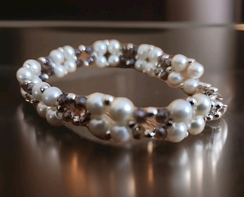 Artisanal Handmade BraceletFaux Pearl,Smoky Gray Tone  Beads, Silver  7 